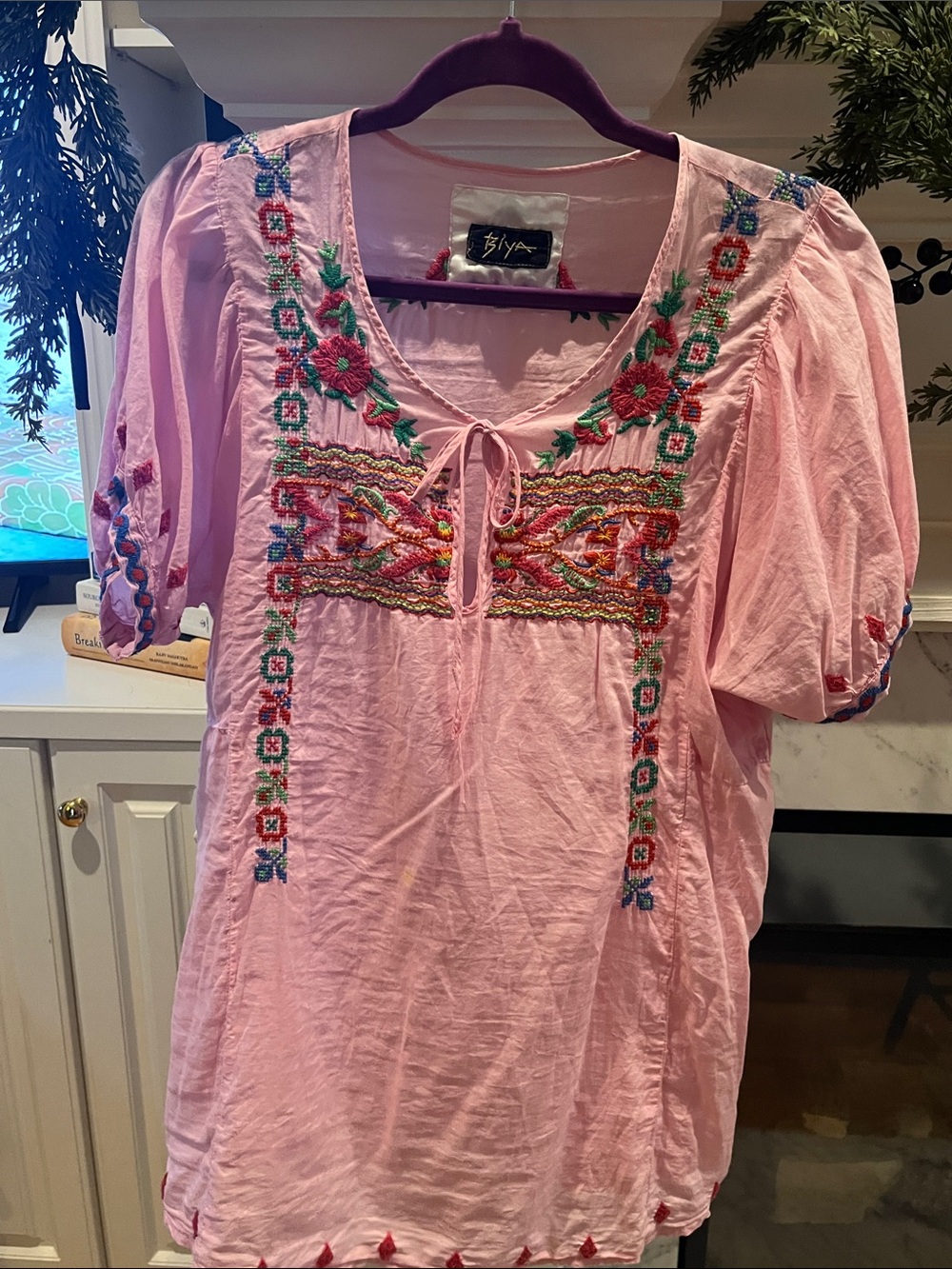 Johnny Was Pink Embroidered Boho Tie-Neck Blouse - Picture 7 of 7